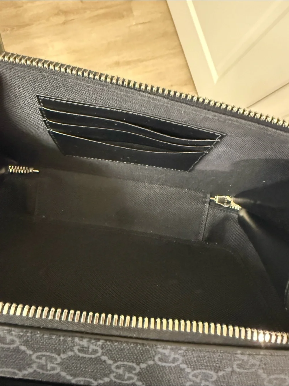 Authentic Gucci Black/Gray Monogram Shoulder Bag with Navy & Red Web Strap